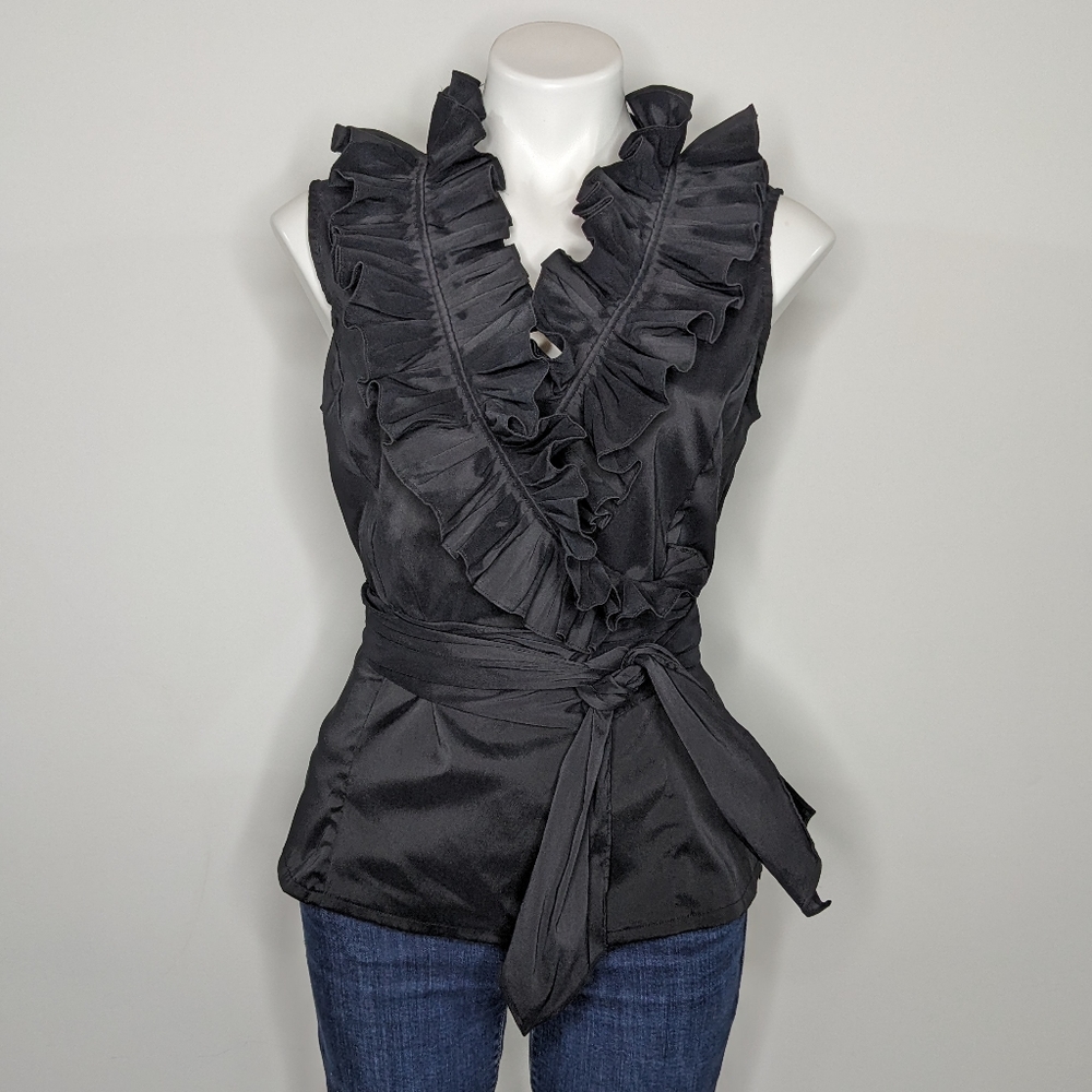 Cartise black ruffle tie waist sleeveless blouse 10